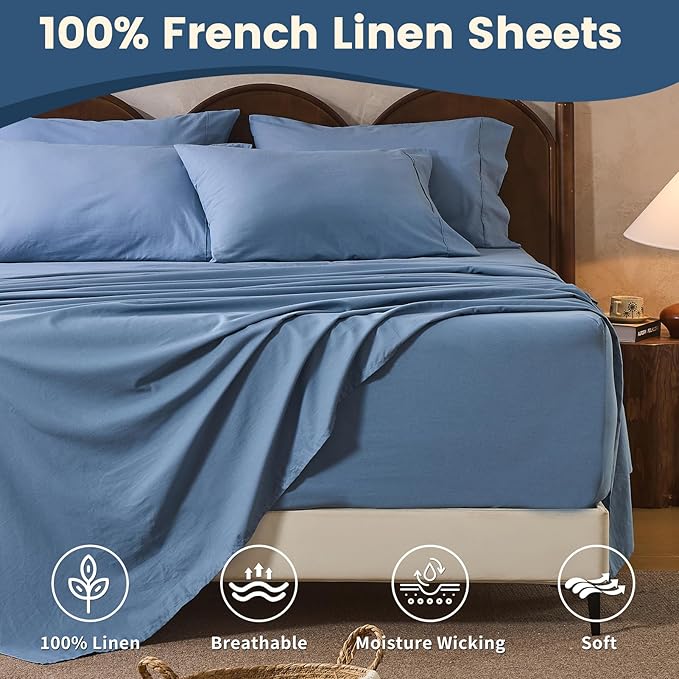 100% Linen Sheet Set Cal King Size Extra Deep Pocket Fits 18-24 Inch Mattress, Breathable & Soft, Smooth 6-Piece Set for Thick Mattresses Hotel Luxury Bedding（Cal King, Dusty Blue）