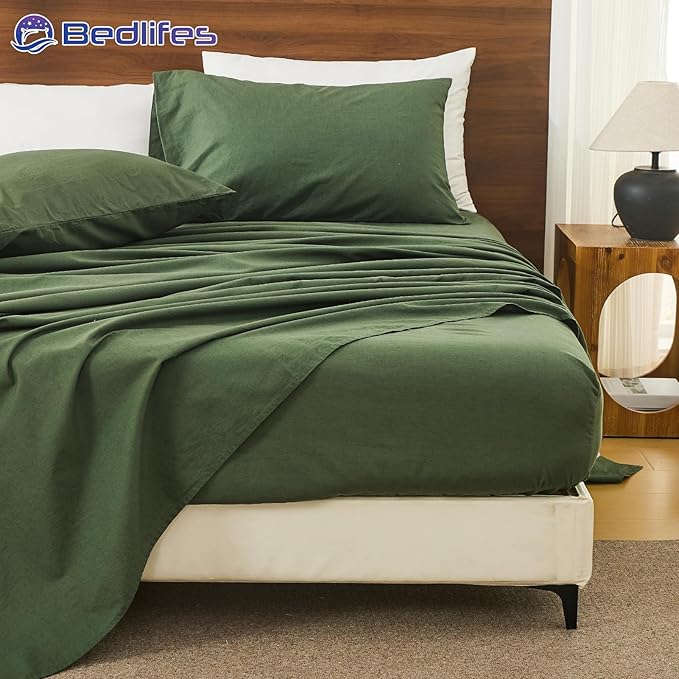 Bedlifes 100% French Pure Linen Sheets King Size Breathable and Cooling Flax Sheet Set Soft Durable and Moisture Wicking 16 Inch Deep Pocket-4 Piece(King,Forest Green)