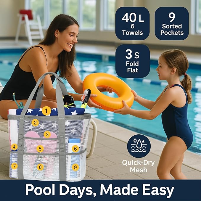F-color Mesh Beach Bag Family - Large Tote Bag for Cruise Pool Toys Beach Vacation Essentials