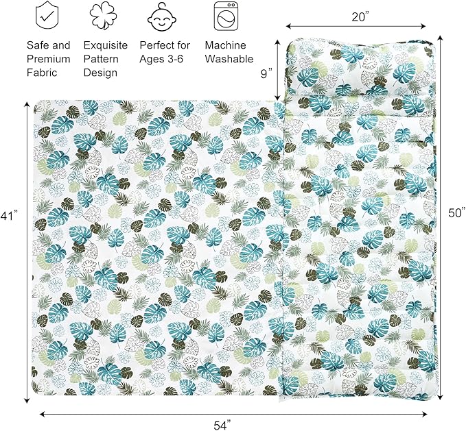 david's kids Toddler Nap Mat Set with Removable Pillow, Ultra Soft Slumber Bags for Boys Girls，Perfect for Preschool, Daycare, Kids Sleeping Bags with Rollup Design, 50"x20", Leaf