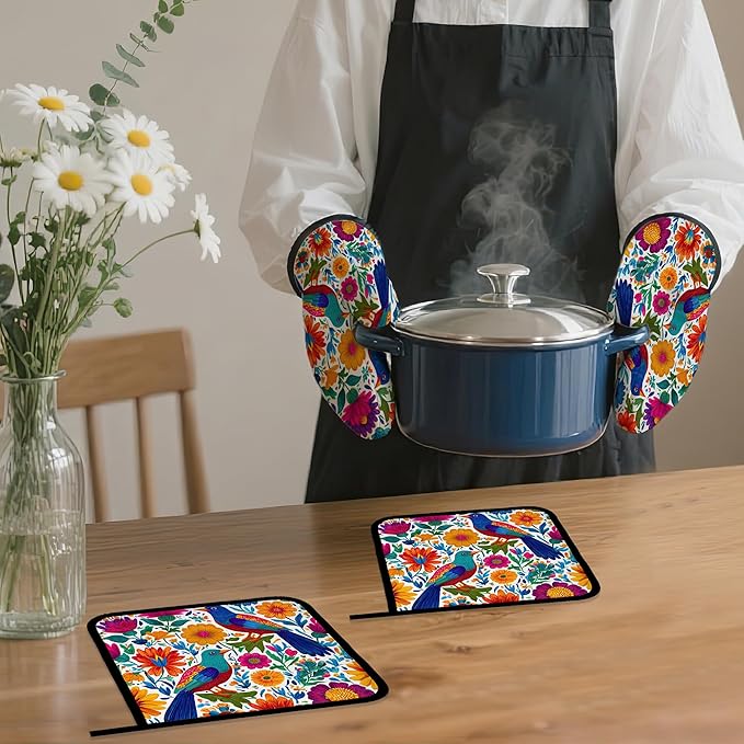 Colorful Bird Oven Mitts and Pot Holders,Flowers Mexican Style Heat Resistant Oven Mitts Gloves and Pot Holder for Home Kitchen Decorations Cooking Baking BBQ Gifts,Set of 4