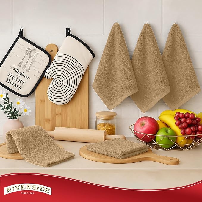 RIVERSIDE Bar Mop Towels Pack of 12, 16x19 Inches, 100% Ring Spun Cotton Terry Cloth Kitchen Towel, Highly Absorbent & Reusable Multipurpose Cleaning Rags for Bathroom, Hotel, Restaurant, Tan