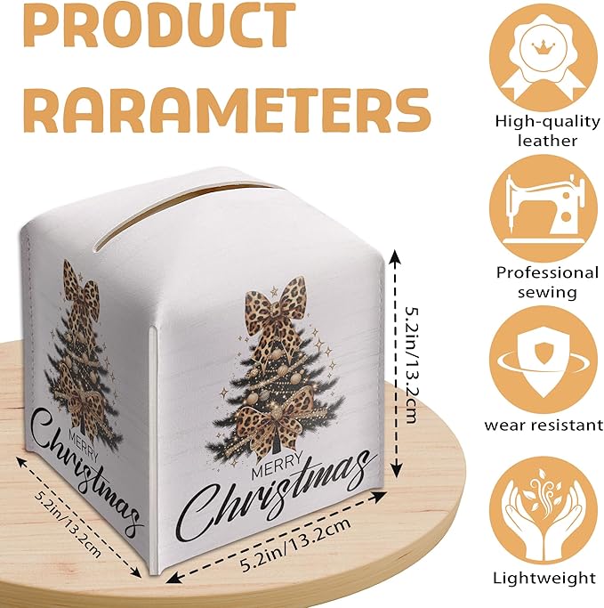 Christmas Tree Tissue Box Holder, Leopard Print Christmas Tree Leather Tissue Box Cover Square, Paper Facial Decorative Tissues Cover for Night Stands Bathroom Office Home Decor-B13