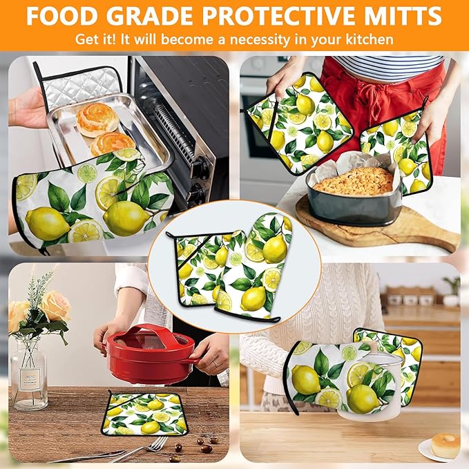 Lemon Oven Mitts and Pot Holders Sets 4Pcs,Extra Long Oven Gloves Potholder for Kitchen Cooking Baking BBQ 100% Cotton Heat Resistant