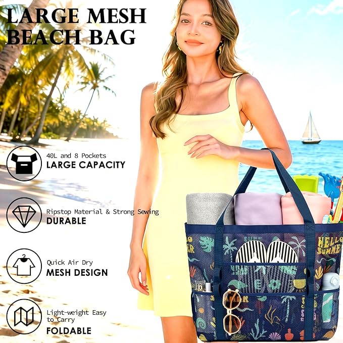 Fammart Mesh Beach Bag, Large Beach Tote with Zipper Pocket for Family Pool Bag for Toys & Vacation Essentials