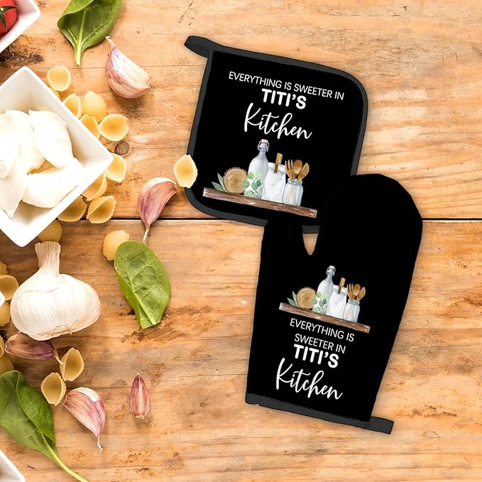 Titi Gifts Oven Mitts and Pot Holders Sets, Gifts for Titi Aunt Auntie Aunty, Titi Aunt Auntie Gifts from Nephew Niece, Sweeter in Titi’s Kitchen Heat Resistant Oven Glove Potholders for Kitchen