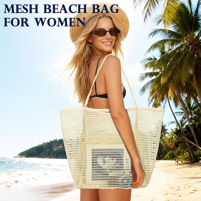 Fammart Mesh Beach Bag, Large Beach Tote with Zipper Pocket for Family Pool Bag for Toys & Vacation Essentials