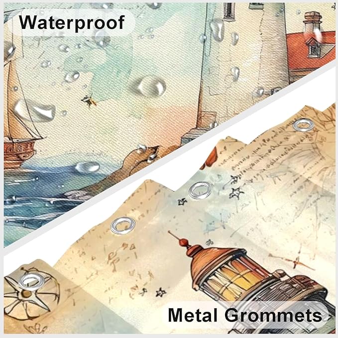 mutakin Nautical Shower Curtain Coastal Lighthouse Shower Curtains for Bathroom Waterproof Fabric Bath Curtain Decor with Hooks