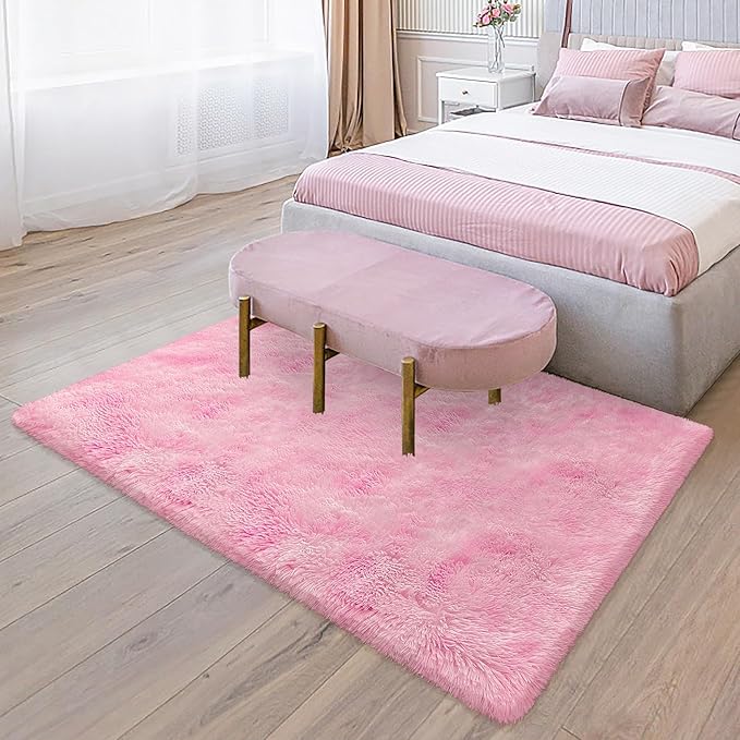 3x5 Fluffy Pink Rugs for Bedroom Girls, Soft Pink Fuzzy Rug for Girls Kids Baby Room, Kawaii Fuzzy Thick Shag Carpet Plush Mat Non-Slip Throw Rugs for Nursery Playroom Dorm Home