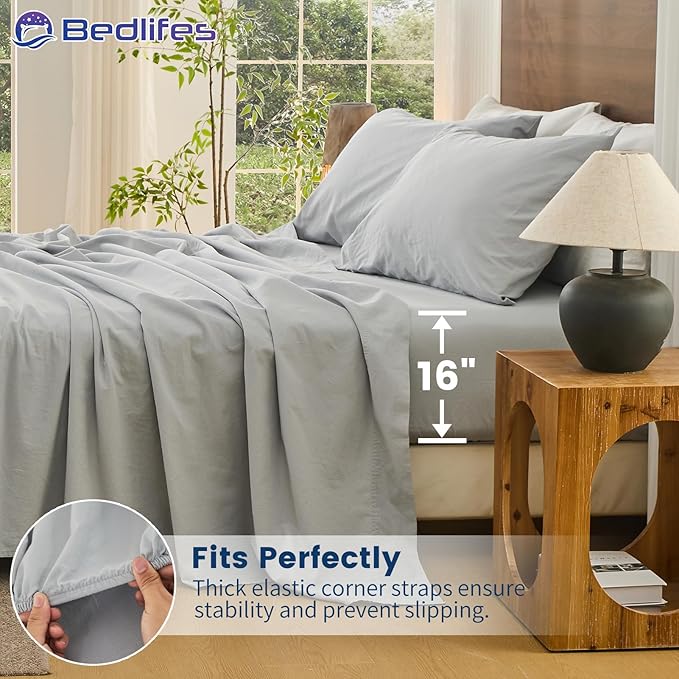 Bedlifes 100% French Pure Linen Sheets King Size Breathable and Cooling Flax Sheet Set Soft Durable and Moisture Wicking 16 Inch Deep Pocket-4 Piece(King,Grey)