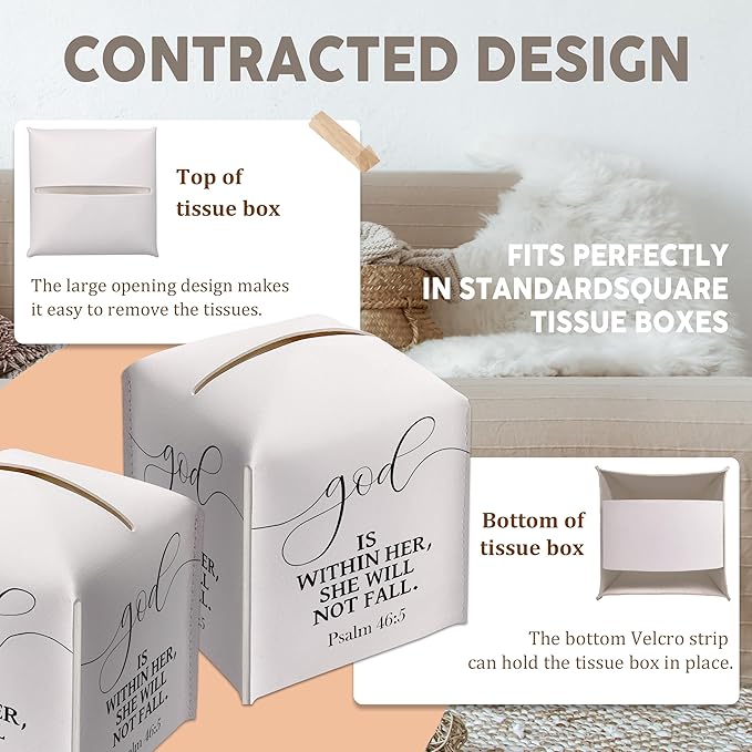 Christian Decorative Tissue Box Cover Holder, Tissue Box Cover Square with Belt Bottom, Bible Verse Gift Ideas for Friends, God is Within Her Decor for Bathroom Office-(5.2 Inches)
