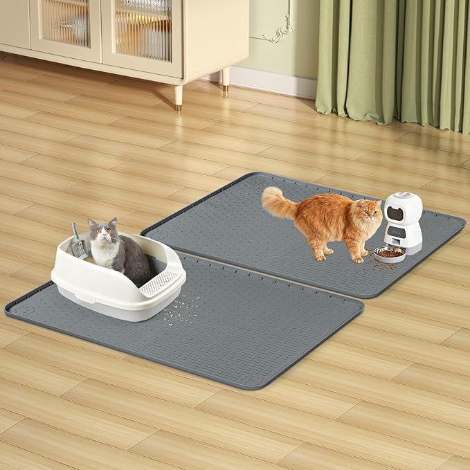 Bartuke Cat Litter Mat, 2 Pack Large 34" x 22" Silicone Mat Litter Trapping Mat for Scatter Control, Soft on Kitty Paws, Easy to Clean (Dark Grey)