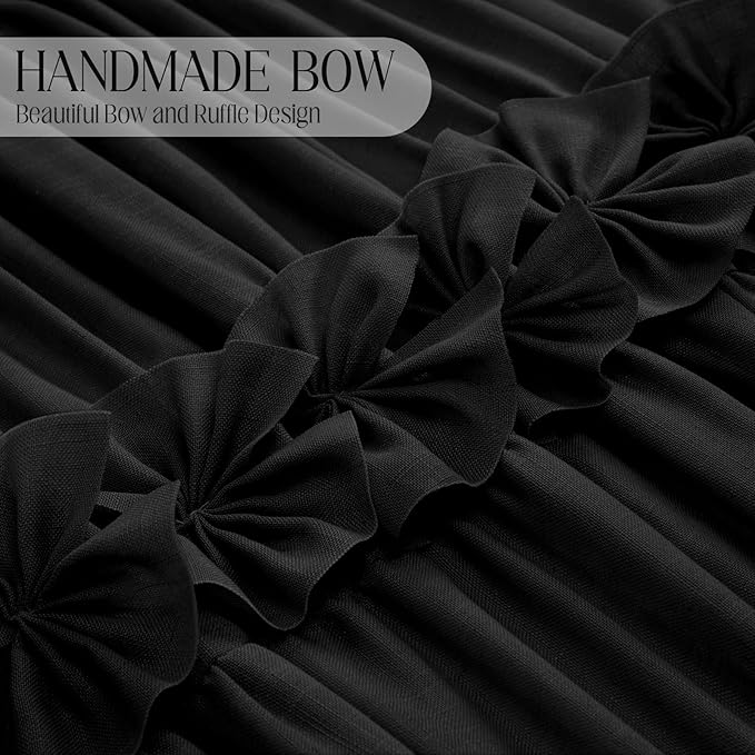 XOGUIBO Ruffle Shower Curtain with Handmade Bow Tie, Vintage Farmhouse Shower Curtain for Bathroom, 72" W x 72" H,Black