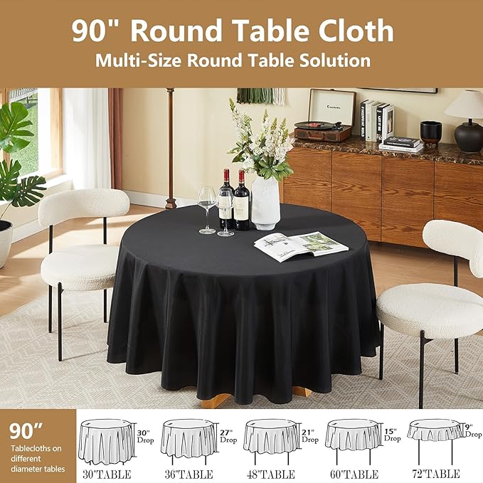 Black Round Tablecloth 6-Pack, 90 Inch Diameter Table Cloth for Round Tables - Polyester Fabric Tablecloths, Reusable & Washable Table Cover