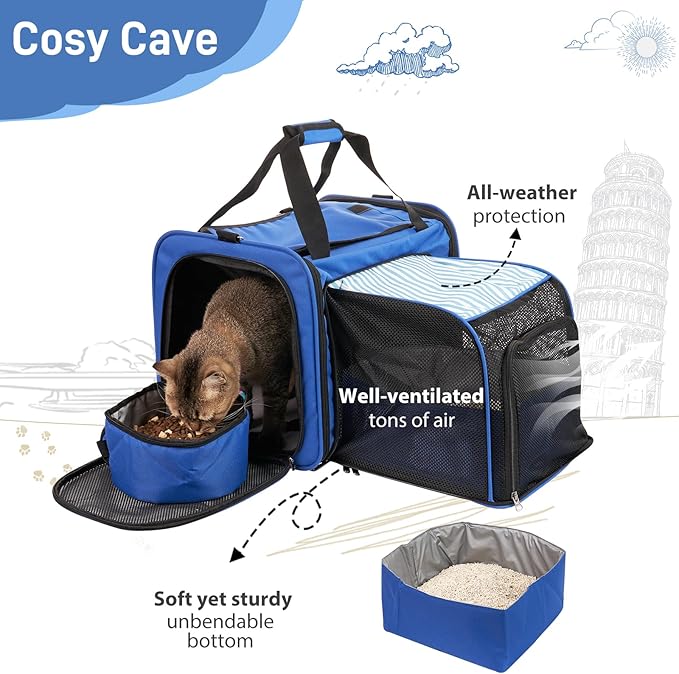 Cat Carrier with Litter Box, Expandable Cat Travel Carrier for Car with Bowl, Collapsible Pet Carrier for Car Travel with Lockable Zippers, Soft Sided Pet Carrier for Cats/Puppies up to 20 lbs, Blue
