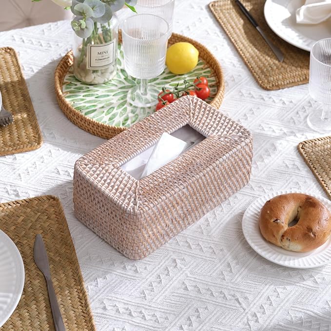 Rattan Tissue Box Cover, Rectangle Wicker Tissue Box Holder, Boho Tissue Box Cover for Living Room, Bathroom, Kitchen, Bedroom, 10.2 x 6.1 x 4.1 inch, Whitewash