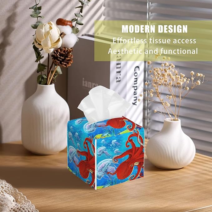 BLYKVGHQ Octopus and Jellyfish Tissue Box Cover Square, Coral Reef Tissue Box Holder with Bottom Belt Leather Facial Paper Organizer Dispenser for Bathroom Bedroom Dresser Night Stand Tabletop