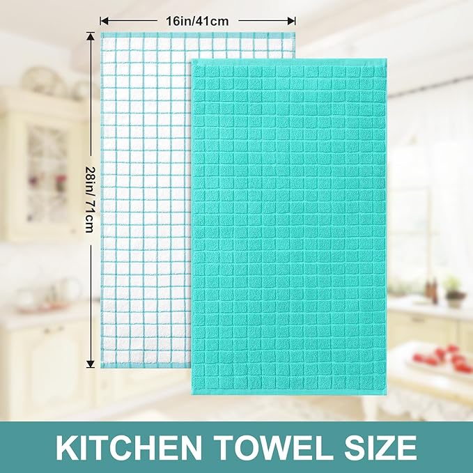 Homaxy Premium Cotton Kitchen Towels 16"x 28", Large Natural Ring Spun 390 GSM Dish Towels, Super Absorbent Terry Kitchen Hand Towels, Soft Tea Towels with Hanging Loop, Aqua Check Design, 8 Pack