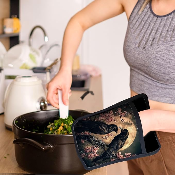 Moody Moonlit Gothic Raven Pot Holders with Pockets, Dark Academia Halloween Crow Cherry Blossom Oven Pot Holders Heat Resistant Oven Mitts Hot Pads for Kitchen Baking Cooking