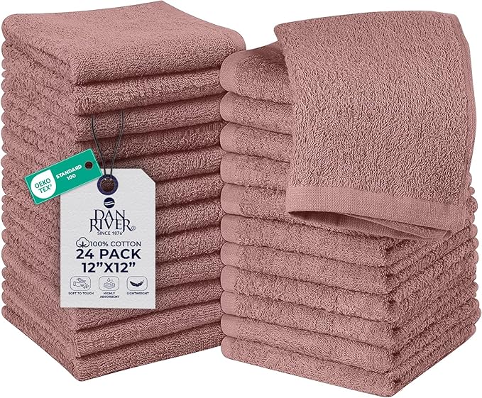 DAN RIVER 24 Pack Wash Cloths for Showering [12x12] - 100% Cotton Washcloths Premium Quality Flannel Face Cloths for Bathroom, Highly Absorbent and Soft Feel Wash Clothes, Dusty Pink
