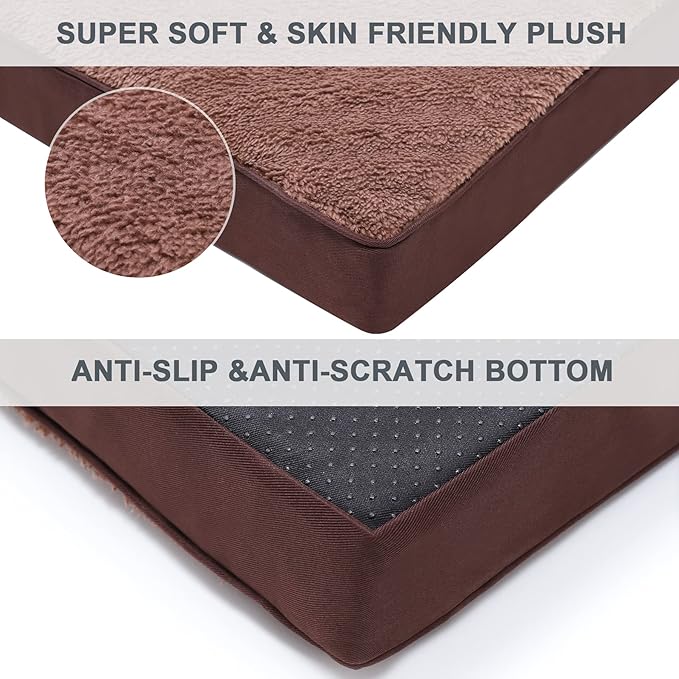 MIHIKK Waterproof Dog Bed Large Size Dog Orthopedic Pet Beds for Crate with Removable Washable Cover Egg-Crate Foam Pet Pad Mat with Anti-Slip Bottom, 36x27 Inch, Brown