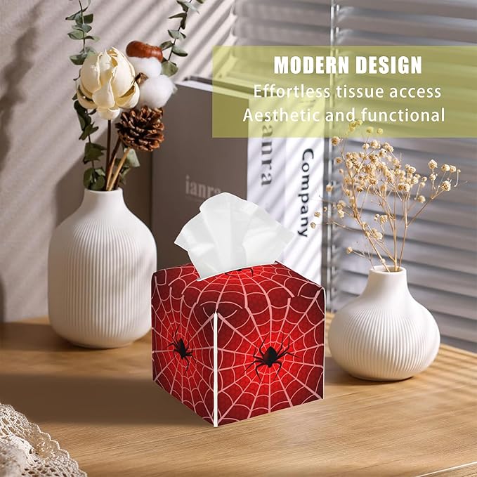 BLYKVGHQ Spider Web Tissue Box Cover Square, Tissue Box Holder with Bottom Belt Leather Facial Paper Organizer Dispenser for Bathroom Bedroom Dresser Night Stand Tabletop