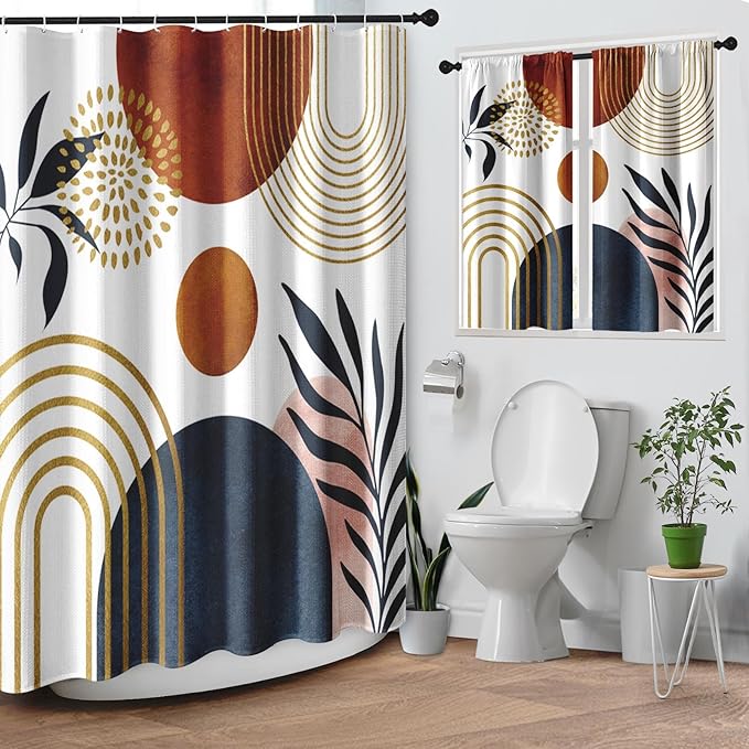 Culudea Boho Geometric Leaf Shower Curtain Set, Mid Century Sun Bohemian Bathroom Window Waffle Textured Cloth Waterproof Shower Curtains for Bathroom Decor