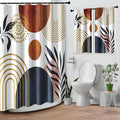 Culudea Boho Geometric Leaf Shower Curtain Set, Mid Century Sun Bohemian Bathroom Window Waffle Textured Cloth Waterproof Shower Curtains for Bathroom Decor