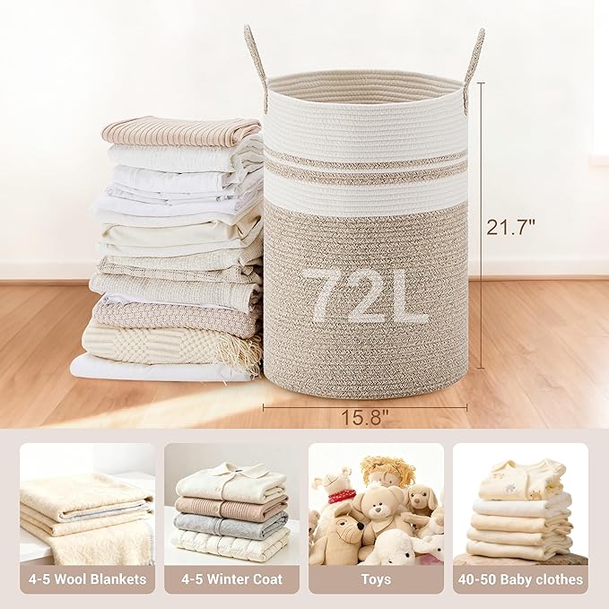 SunNewt Tall Laundry Basket with Handles, 72L Portable Dirty Clothes Hamper, Boho Cotton Rope Storage Bin for Blankets Kids Toys Gifts, Large Organizer for Baby Nursery Bedroom Bathroom, New Brown
