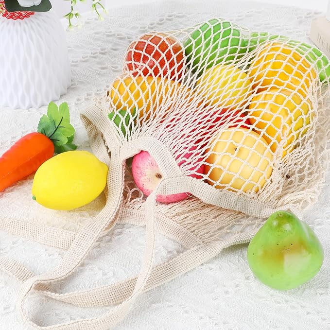 Gtziqa 2 Pack Reusable Mesh Grocery Bags, String Bags Cotton Net Tote Produce Bag Washable Long Handle Farmers Market Bag Portable Fruit and Vegetable Bags, Beige