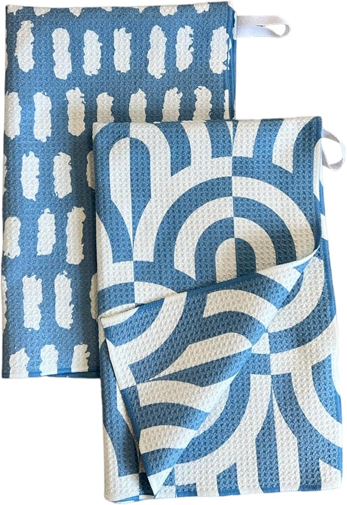 Desert Aqua 2 Pack Double Sided || Not Your Ordinary Kitchen Towels || Dish Towels || Quick Dry || Waffle Weave Microfiber|| Highly Absorbent || Hanging Hook (Blue Geometric)