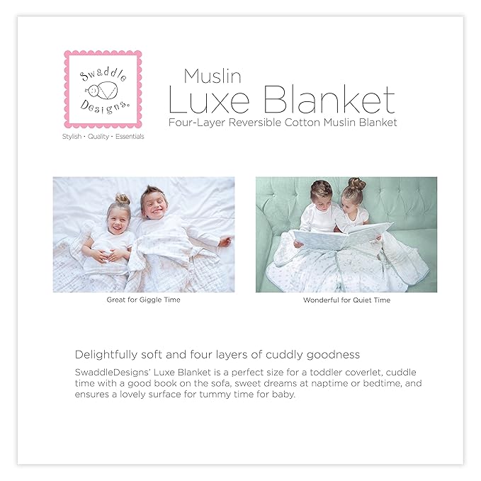 SwaddleDesigns 4-Layer Cotton Muslin Luxe Blanket, Baby and Toddler Cuddle and Dream, 46x46 inches, Pink Thicket and Stripes