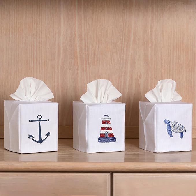 Jacaranda Living Square Tissue Box Cover, Linen/Cotton Fabric Tissue Holder, Decorative Cloth Tissue Cube Cover, Coastal Designs Sea Turtle (Blue)