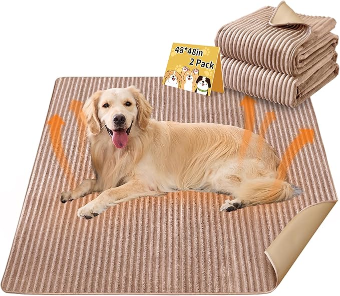 Dog Crate Mat, 2 Pack 48"×48" Flannel Washable Pet Mat for Dogs and Cats, Non-Slip Pet Pad for Kennel Training, Absorbs Urine and Waterproof Pad for Sofa Bed Crate Kennel Car Seat Floor（Khaki）