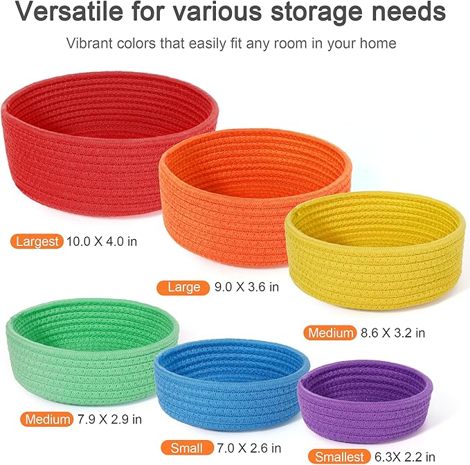 Small Storage Baskets for Shelves, 6 Pack Round Cotton Rope Basket for Organizing, Cute Colorful Decorative Woven Bins for Bedroom, Home Countertop Decor (Rainbow)