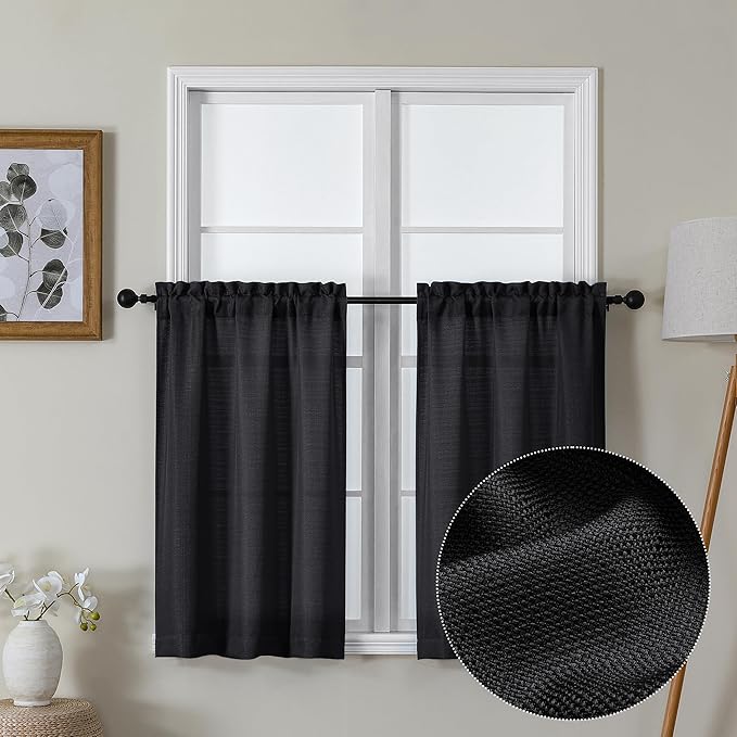 Lecloud Bessie Black Curtains 36 Inch Length 2 Panels, Light-Filtering Faux Linen Textured Window Drapes with Dual Rod Pockets, Window Curtain Tiers for Basement Dining Room, Each 30 W x 36 L