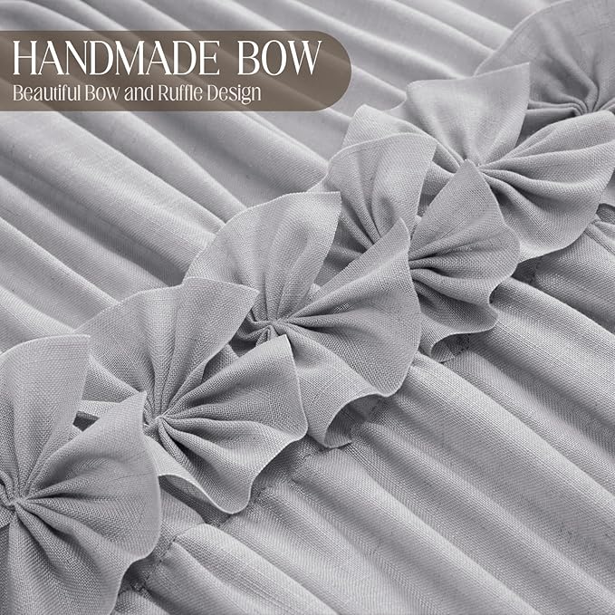 XOGUIBO Linen Ruffle Shower Curtain with Handmade Bow Tie, Vintage Farmhouse Shower Curtain for Bathroom, Grey 72" W x 72" H