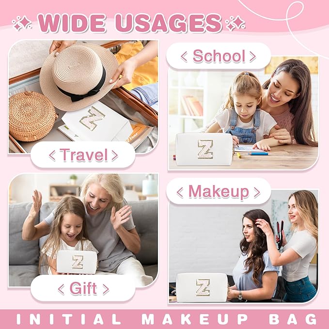 Small Initial Patch Makeup Bag Personalized Gifts Make Up Bag,White Cute PU Leather Glitter Letter Cosmetic Bag with Zipper,Trendy Portable Travel Toiletry Pouch,Preppy Stuff for Teen Girls Women Z