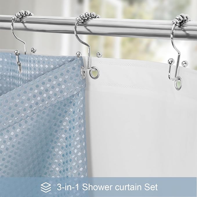 Craidlela 3 in 1 Shower Curtain Set, Fog Blue Waffle Shower Curtain and PEVA Liner Set with 12 Stainless Steel Shower Curtain Hooks, Waterproof Fabric Shower Curtains for Bathroom, 72 W x 72 H