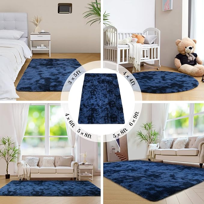 duduta Navy Blue Fluffy Bedroom Rug 3x5 ft, Tie-Dye Shag Plush Area Rug for Nursery Playroom Dorm Living Room Decor