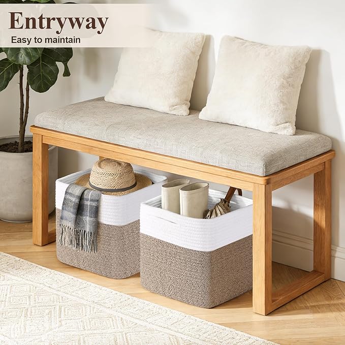 Storage Cubes 11 Inch Storage Baskets for Shelves, Set of 3 Cotton Rope Woven Baskets for Organizing, Cube Storage Square Bins for Toy, Playroom Decor, Classroom, Closet, White+brown