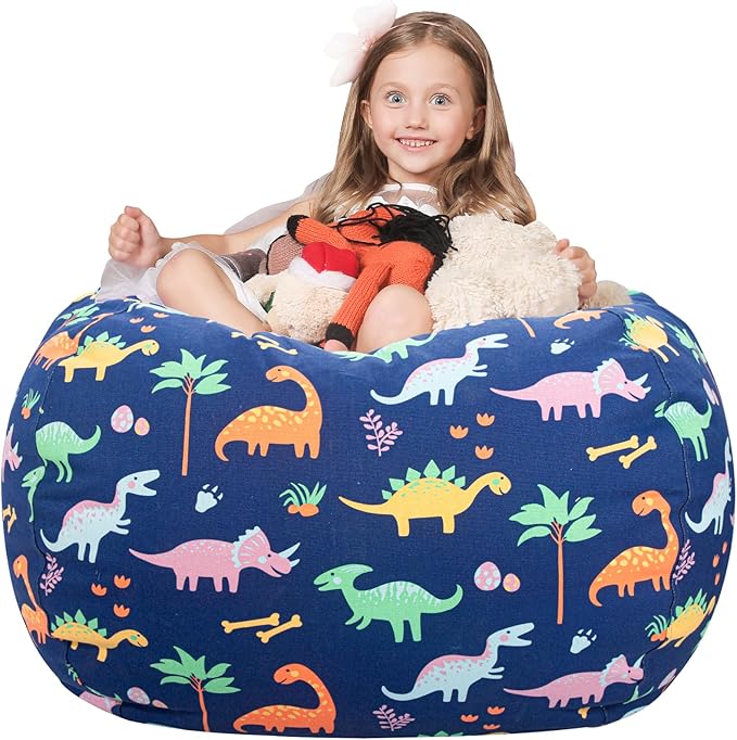 WEKAPO Stuffed Animal Storage Bean Bag Chair Cover for Kids | Stuffable Zipper Beanbag for Organizing Children Plush Toys Large Premium Cotton Canvas (Dinosaur, XX-Large)