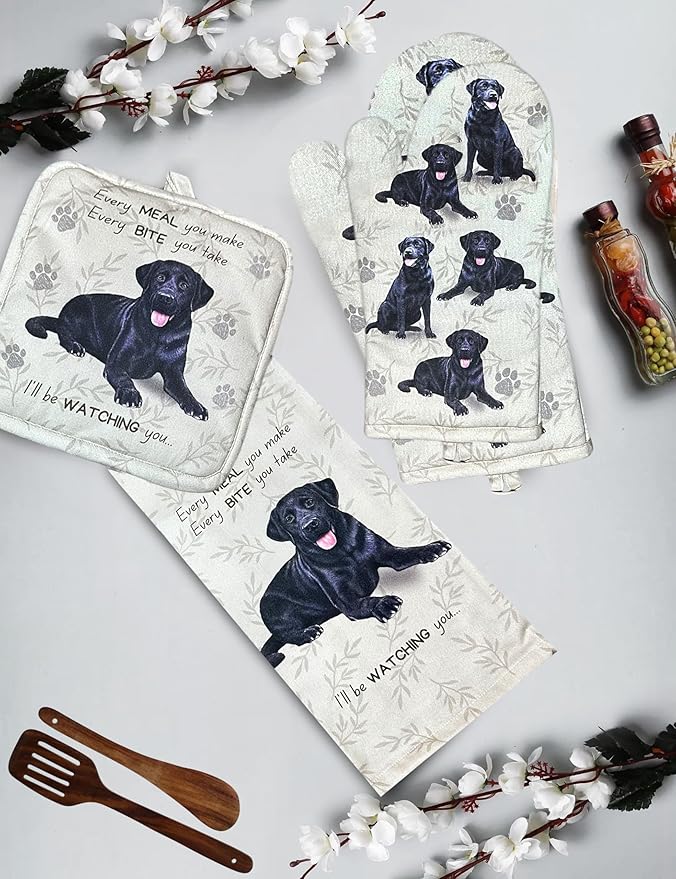 Black Labrador 3-Piece Kitchen Set - Oven Mitt, Pot Holder & Kitchen Towel Set, Heat Resistant up to 420 F, Soft Quilted Cotton for Cooking, Baking, BBQ, Pet Lover Gifts (Labrador Black)