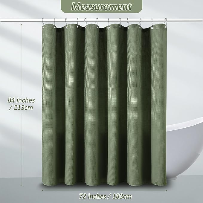 PANGSINNE Waterproof Fabric Shower Curtain Extra Long Waffle Weave Heavy Duty Bathroom Shower Curtain Set, 256GSM Weighted Thick Shower Curtain with 12 Rust-Resistant Hooks,72Wx84H Sage Green