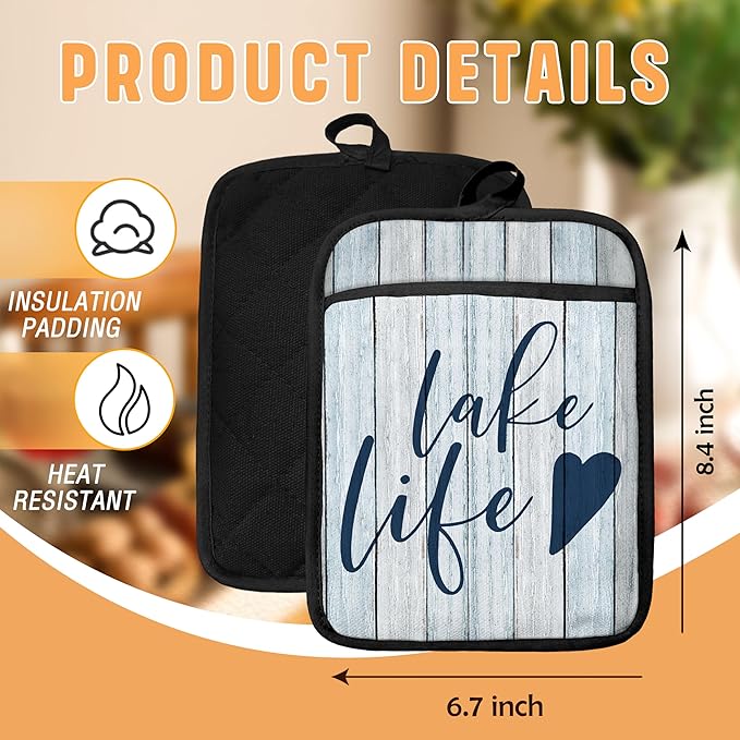 Lake Life Gifts Pot Holders with Pockets, Lake Life House Gifts for Women Oven Pot Holders Heat Resistant Oven Mitts Hot Pads for Kitchen Baking Cooking (Blue)