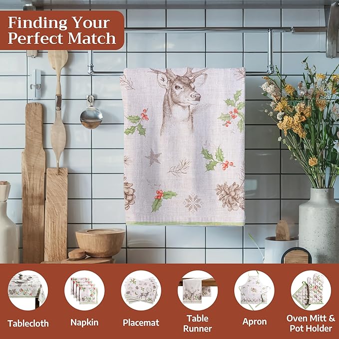 Maison d' Hermine Kitchen Towels Set of 3 100% Cotton 20" x 27.5" Reusable Cloth Tea Dish Towels Absorbent with Hanging Loop for Kitchen Dining Thanksgiving Christmas Decorations (Christmas Dew)
