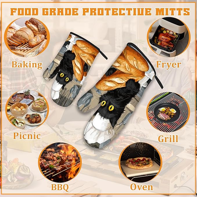 Cute Black Cat Oven Mitts and Pot Holders Set,Chef Kitchen Decor Heat Resistant Non Slip Hot Pads and Oven Mitt for Chef Cooking Baking BBQ Mom Girl Gifts(4 Piece Set)