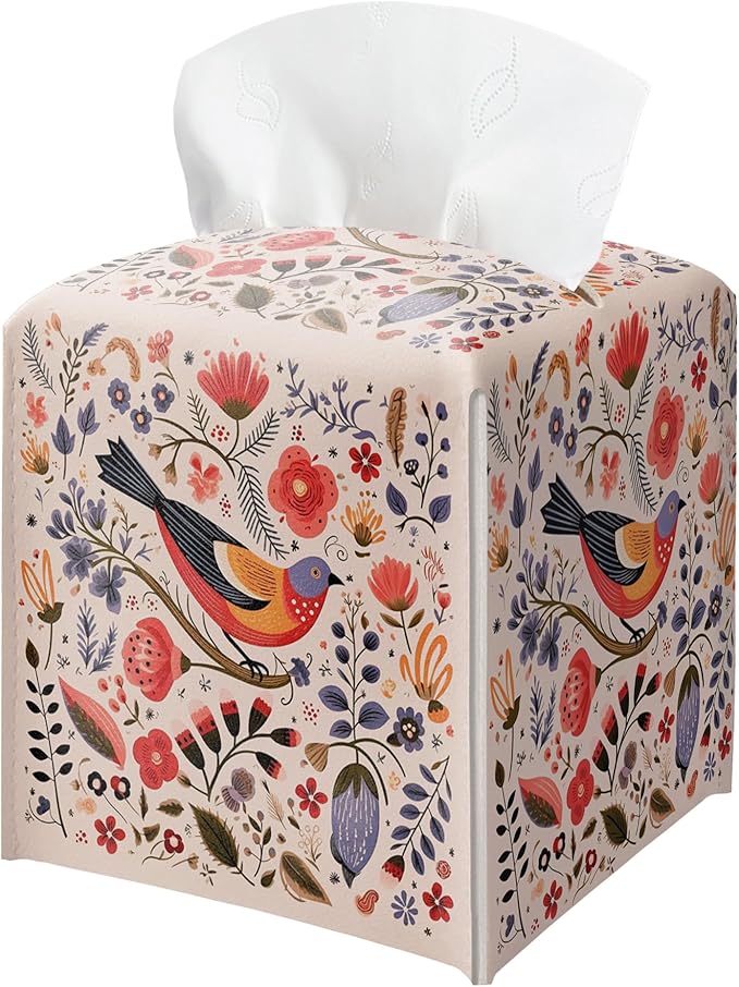 Scandi Bird Tissue Box Holder, Scandinavian Boho Leather Tissue Box Cover Square, Paper Napkins Everyday Dispenser for Bathroom Vanity Countertop Night Stands Kitchen Office Car Home Decor