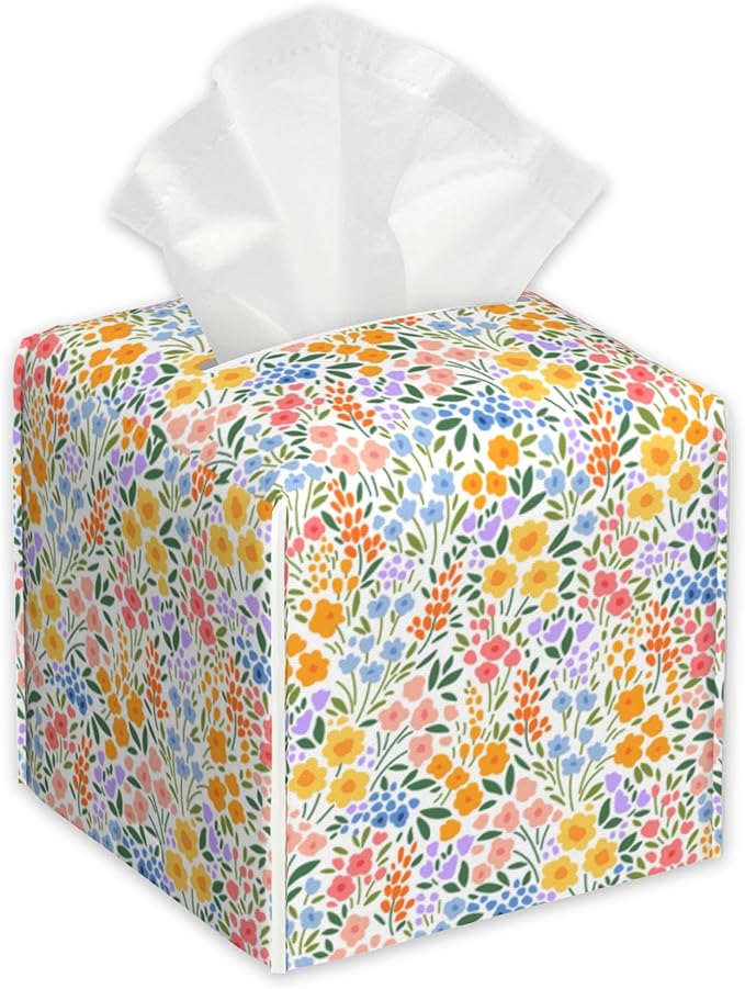 Spring Flowers Tissue Box Holder,Cube Tissue Box Cover Holder,Leather Facial Paper Organizer Dispenser Home for Bedroom Night Stands,Kitchen,Office and Car,5.2"×5.2"×5.2"