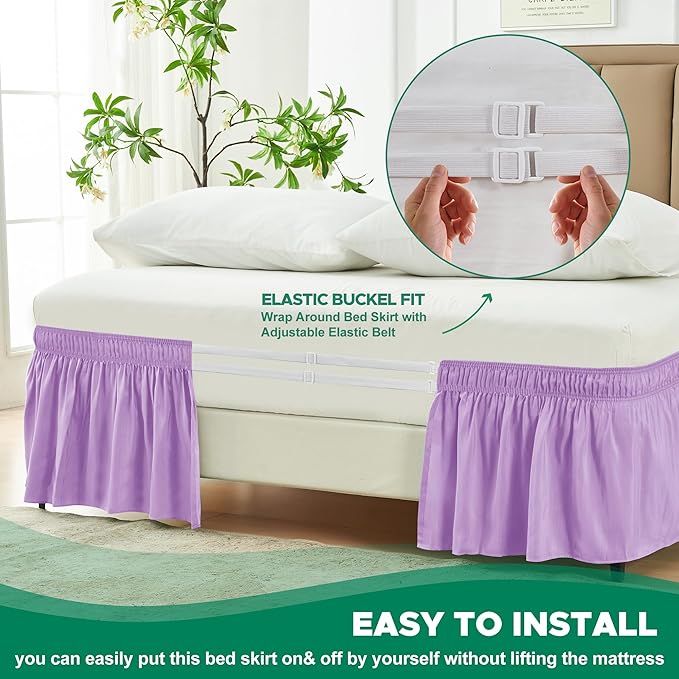 Biscaynebay Wrap Around Bed Skirts with Adjustable Belts for Full & Full XL Beds 15" Drop, Violet Elastic Dust Ruffles Silky Luxrious Fabric Machine Washable